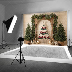 Lofaris Rustic Macrame Christmas Tree Holiday Backdrop with Pine Trees Garland and Gold Ornaments for Festive Winter Decor