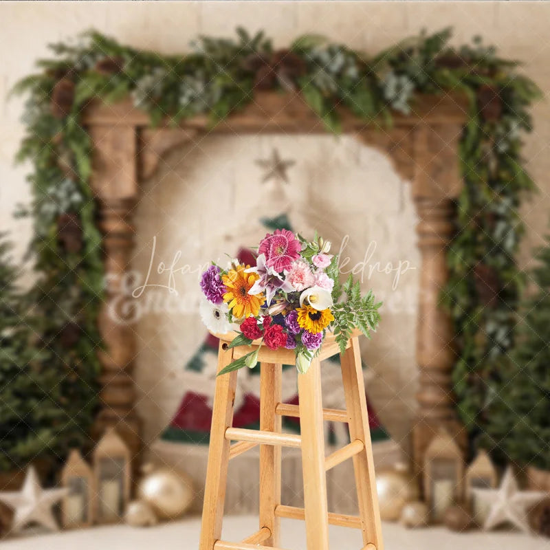 Lofaris Rustic Macrame Christmas Tree Holiday Backdrop with Pine Trees Garland and Gold Ornaments for Festive Winter Decor