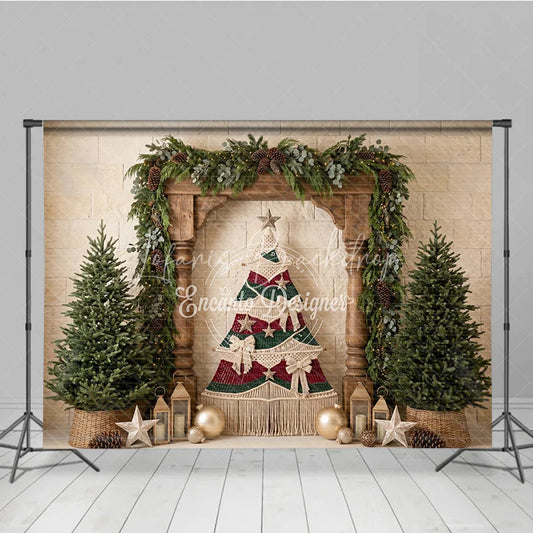 Lofaris Rustic Macrame Christmas Tree Holiday Backdrop with Pine Trees Garland and Gold Ornaments for Festive Winter Decor