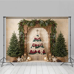 Lofaris Rustic Macrame Christmas Tree Holiday Backdrop with Pine Trees Garland and Gold Ornaments for Festive Winter Decor