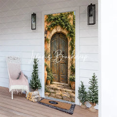 Lofaris Rustic Mediterranean Weathered Wooden Door Cover with Stone Arch Lush Green Ivy and Terracotta Pots Decor