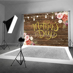 Lofaris Rustic Mother’s Day Backdrop Wood Floor and String Lights Floral Photo Background