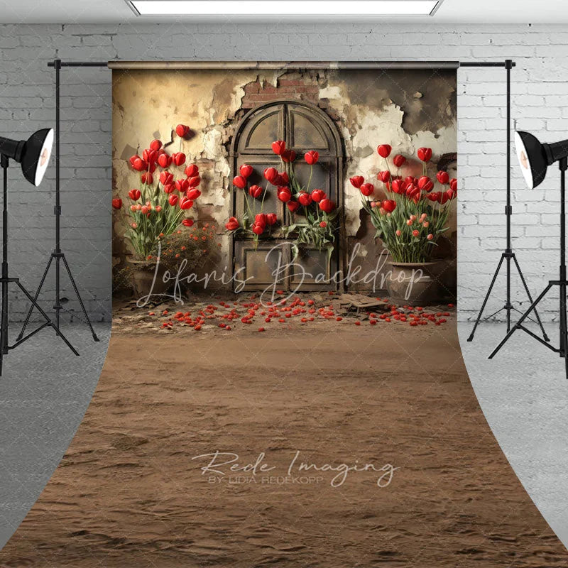 Lofaris Rustic Old Arch Door Red Tulips Backdrop Vintage Grunge Stone Wall Dirt Floor Spring Photography Background