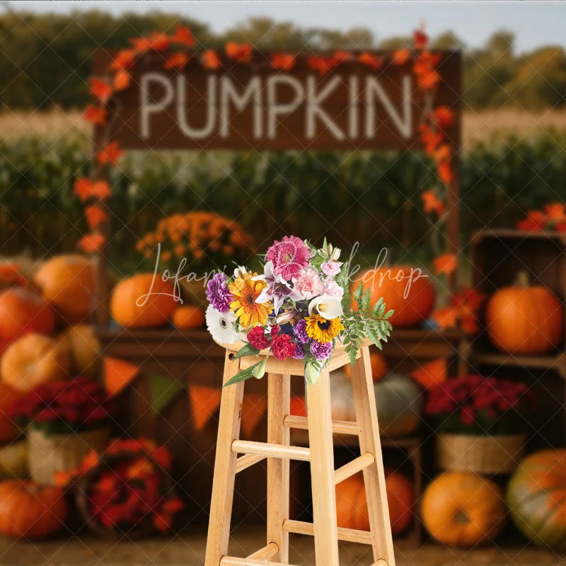 Lofaris Rustic Pumpkin Patch Stand Photography Backdrop Autumn Harvest Scene with Hay Bales Fall Mini Session Background