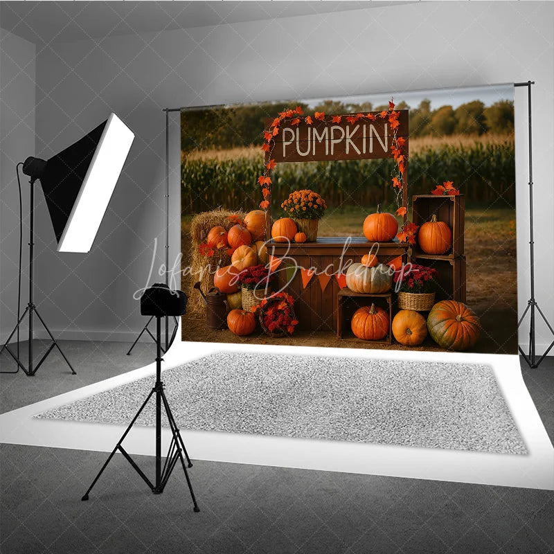 Lofaris Rustic Pumpkin Patch Stand Photography Backdrop Autumn Harvest Scene with Hay Bales Fall Mini Session Background