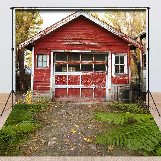 Lofaris Rustic Red Barn and Fern Floor Combo Set Backdrop Autumn Garage Scene Farmhouse Photography Studio Prop