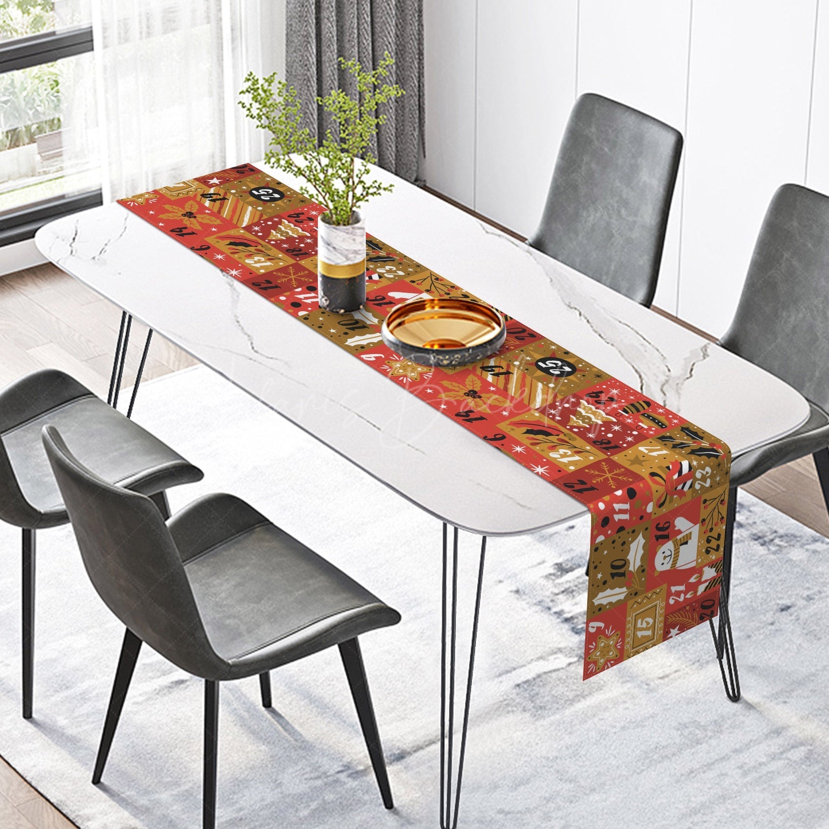 Lofaris Rustic Red Christmas Stamp Checkered Table Runner