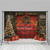 Lofaris Rustic Red Plaid Christmas Photography Backdrop Farmhouse Decor with Flocked Tree Buffalo Check Background