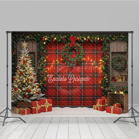 Lofaris Rustic Red Plaid Christmas Photography Backdrop Farmhouse Decor with Flocked Tree Buffalo Check Background