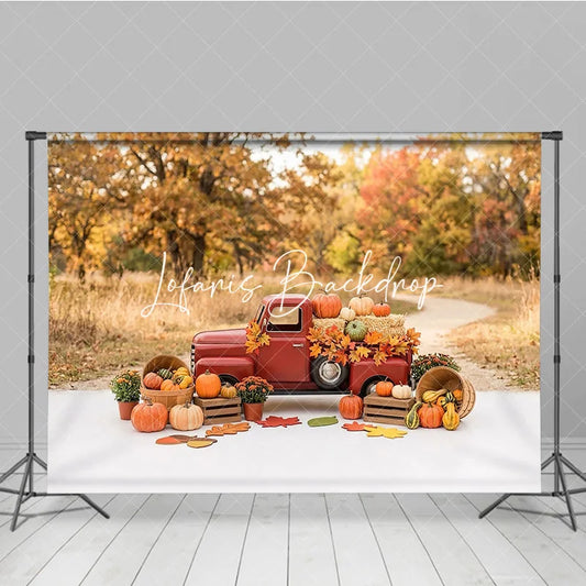 Lofaris Rustic Red Vintage Truck with Pumpkins and Hay Bales Autumn Leaves Photography Backdrop Fall Harvest Decor
