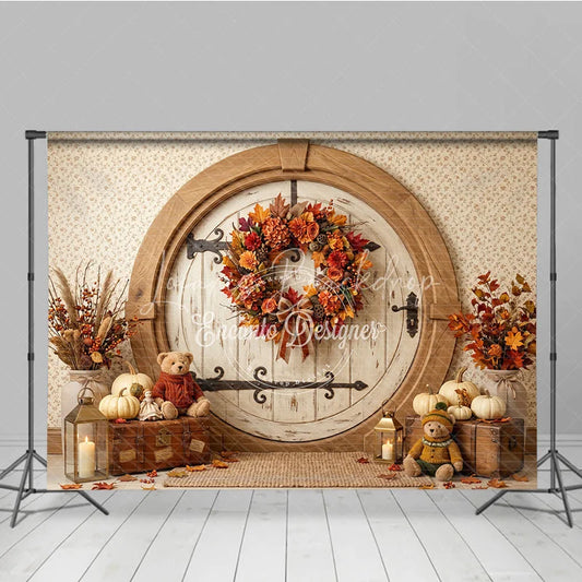 Lofaris Rustic Round Door Autumn Photography Backdrop Vibrant Fall Wreath Pumpkins Cozy Teddy Bears for Seasonal Photos
