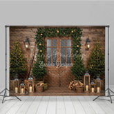 Lofaris Rustic Ski Lodge Christmas Photography Backdrop Wooden Door with Garland and Lanterns Cozy Holiday Cabin Background