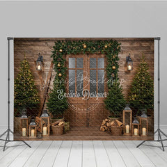 Lofaris Rustic Ski Lodge Christmas Photography Backdrop Wooden Door with Garland and Lanterns Cozy Holiday Cabin Background