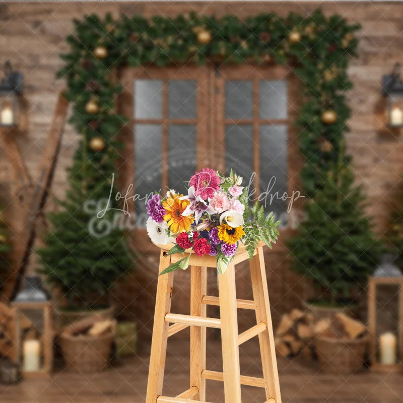 Lofaris Rustic Ski Lodge Christmas Photography Backdrop Wooden Door with Garland and Lanterns Cozy Holiday Cabin Background