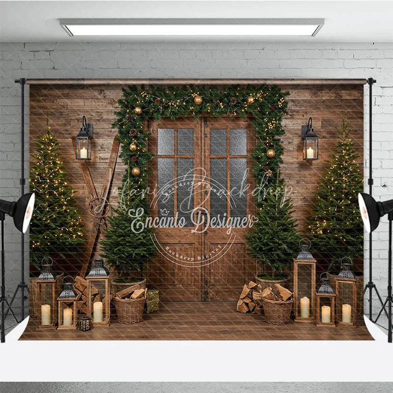 Lofaris Rustic Ski Lodge Christmas Photography Backdrop Wooden Door with Garland and Lanterns Cozy Holiday Cabin Background