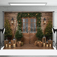Lofaris Rustic Ski Lodge Christmas Photography Backdrop Wooden Door with Garland and Lanterns Cozy Holiday Cabin Background