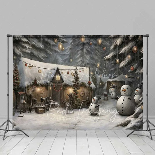 Lofaris Rustic Snowman Village Backdrop Snowy Wooden Huts Winter Night Illustration Photo Background