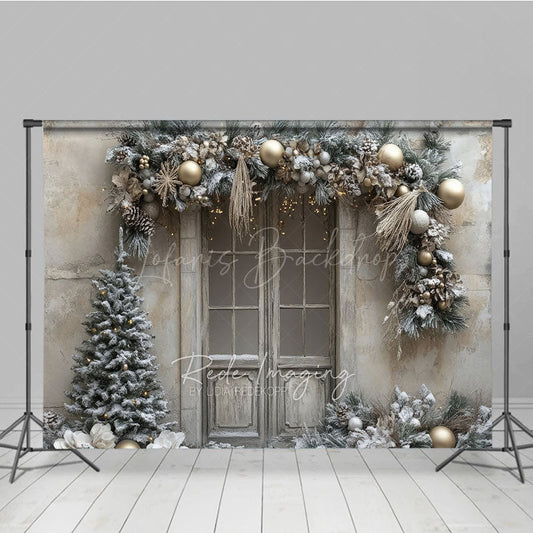 Lofaris Rustic Snowy Door Photography Backdrop Champagne and Silver Garland Flocked Tree Winter Holiday Background