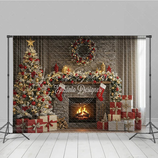 Lofaris Rustic Stone Fireplace Photography Backdrop Christmas Tree with Stockings Cozy Holiday Mini Session Background