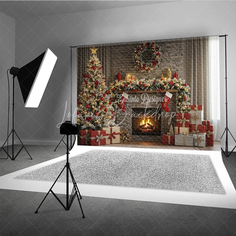 Lofaris Rustic Stone Fireplace Photography Backdrop Christmas Tree with Stockings Cozy Holiday Mini Session Background