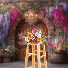Lofaris Rustic Stone Wall and Door Photography Backdrop Colorful Spring Flowers Winery Wedding Photo Background