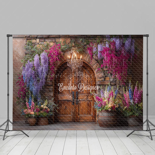 Lofaris Rustic Stone Wall and Door Photography Backdrop Colorful Spring Flowers Winery Wedding Photo Background