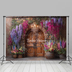 Lofaris Rustic Stone Wall and Door Photography Backdrop Colorful Spring Flowers Winery Wedding Photo Background