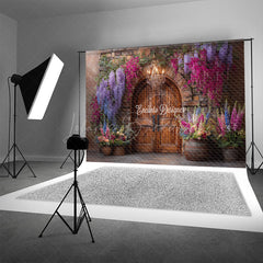 Lofaris Rustic Stone Wall and Door Photography Backdrop Colorful Spring Flowers Winery Wedding Photo Background