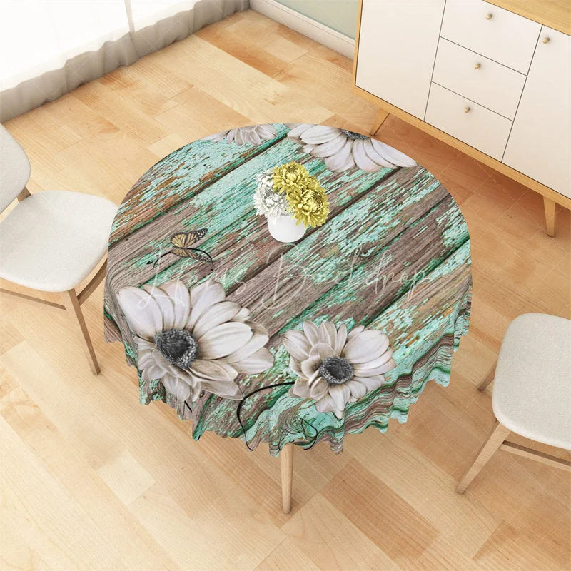 Lofaris Rustic Teal Wood Daisy Round Tablecloth Vintage White Flower Wooden Table Cover for Kitchen