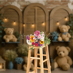 Lofaris Rustic Teddy Bear Cake Smash Photography Backdrop Shutter Doors with String Lights Baby’s Breath Floral Decor