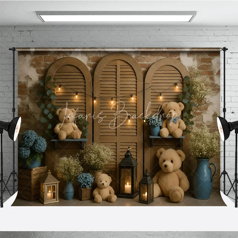 Lofaris Rustic Teddy Bear Cake Smash Photography Backdrop Shutter Doors with String Lights Baby’s Breath Floral Decor