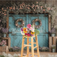 Lofaris Rustic Turquoise Barn Door Photography Backdrop Spring Floral Garden Theme for Easter Wedding Party