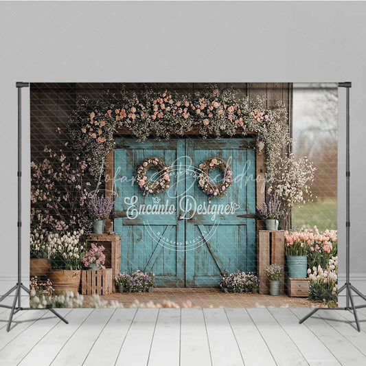 Lofaris Rustic Turquoise Barn Door Photography Backdrop Spring Floral Garden Theme for Easter Wedding Party