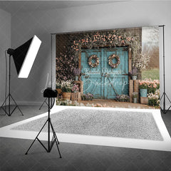 Lofaris Rustic Turquoise Barn Door Photography Backdrop Spring Floral Garden Theme for Easter Wedding Party