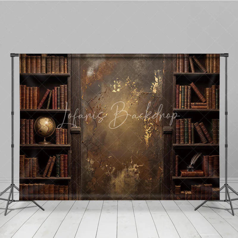 Lofaris Rustic Vintage Library Bookshelf Photography Backdrop with Old Books Distressed Gold Textured Wall and Antique Globe.