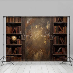 Lofaris Rustic Vintage Library Bookshelf Photography Backdrop with Old Books Distressed Gold Textured Wall and Antique Globe.