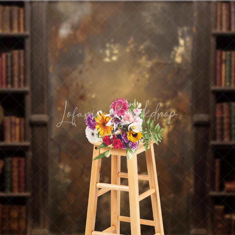 Lofaris Rustic Vintage Library Bookshelf Photography Backdrop with Old Books Distressed Gold Textured Wall and Antique Globe.
