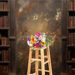 Lofaris Rustic Vintage Library Bookshelf Photography Backdrop with Old Books Distressed Gold Textured Wall and Antique Globe.