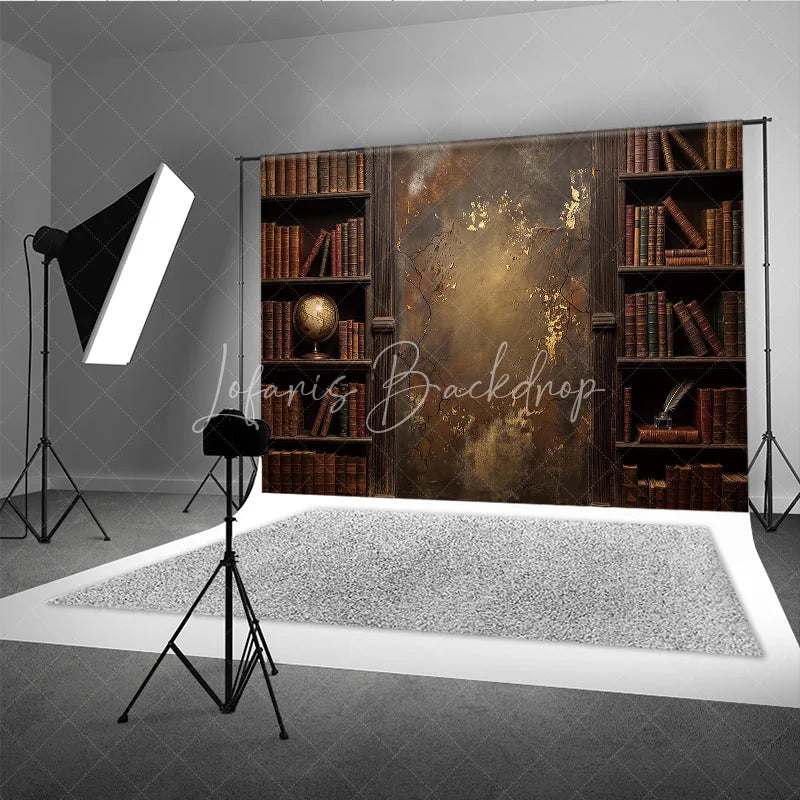 Lofaris Rustic Vintage Library Bookshelf Photography Backdrop with Old Books Distressed Gold Textured Wall and Antique Globe.