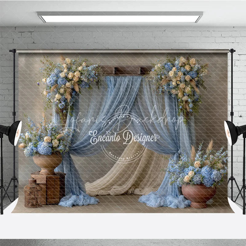 Lofaris Rustic Wedding Arch Backdrop Dusty Blue Drapes with Hydrangea Cream Rose Floral Decor for Bridal Shower