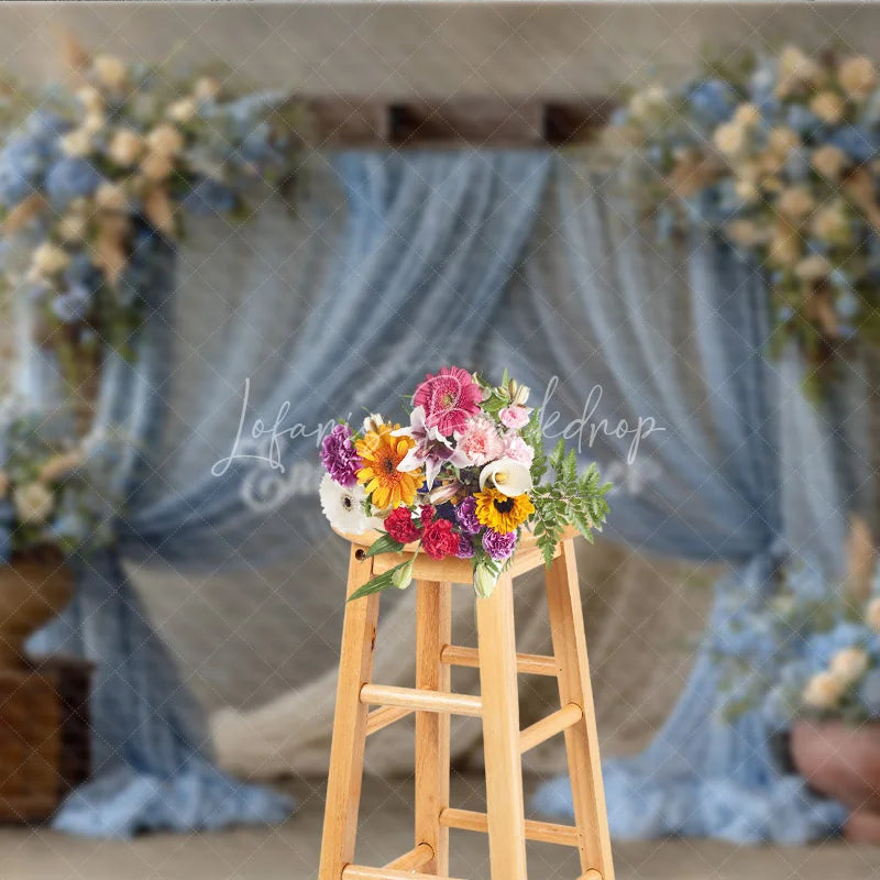 Lofaris Rustic Wedding Arch Backdrop Dusty Blue Drapes with Hydrangea Cream Rose Floral Decor for Bridal Shower