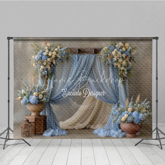 Lofaris Rustic Wedding Arch Backdrop Dusty Blue Drapes with Hydrangea Cream Rose Floral Decor for Bridal Shower