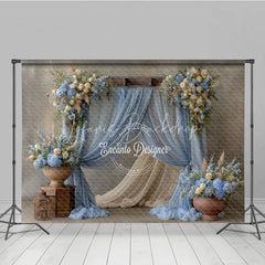 Lofaris Rustic Wedding Arch Backdrop Dusty Blue Drapes with Hydrangea Cream Rose Floral Decor for Bridal Shower