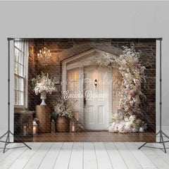 Lofaris Rustic Wedding Backdrop White Door on Stone Wall Pink Floral Arch Photography Background for Bridal Shower