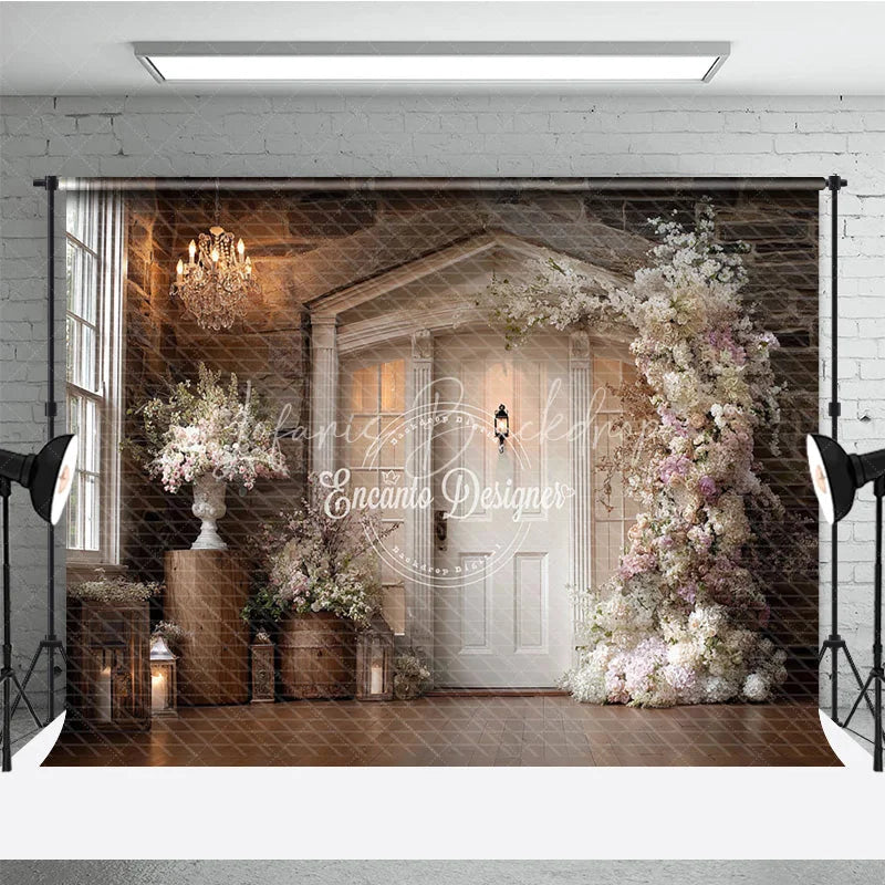 Lofaris Rustic Wedding Backdrop White Door on Stone Wall Pink Floral Arch Photography Background for Bridal Shower