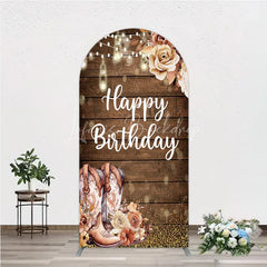 Lofaris Rustic Western Happy Birthday round top arch backdrop with Cowboy Boots and String Lights for Party Decor