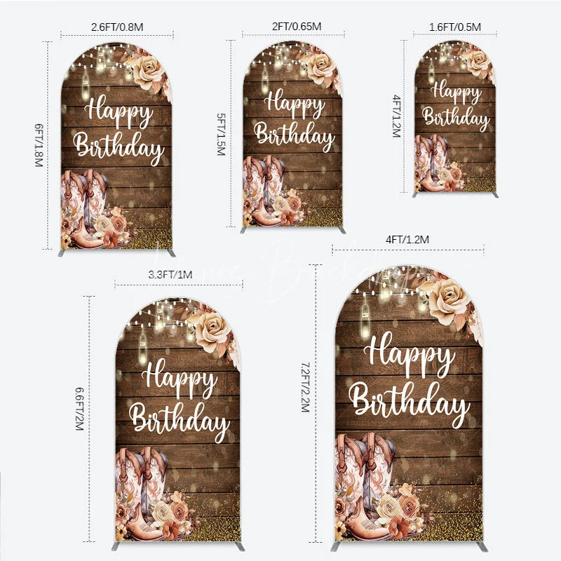 Lofaris Rustic Western Happy Birthday round top arch backdrop with Cowboy Boots and String Lights for Party Decor