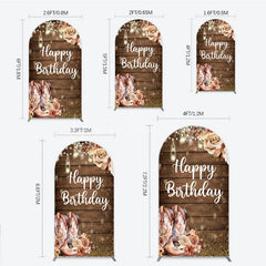 Lofaris Rustic Western Happy Birthday round top arch backdrop with Cowboy Boots and String Lights for Party Decor