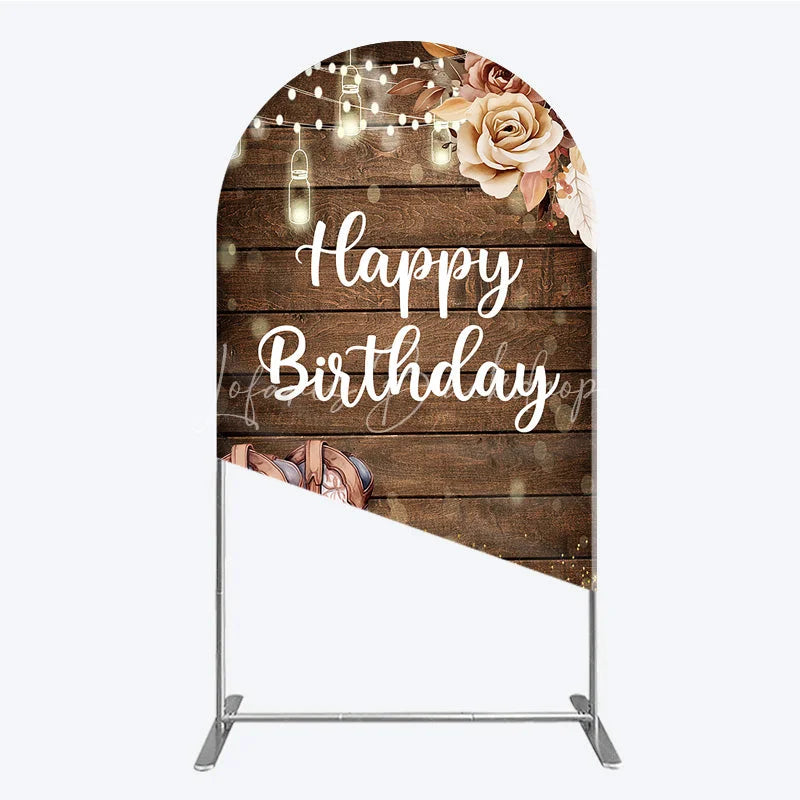 Lofaris Rustic Western Happy Birthday round top arch backdrop with Cowboy Boots and String Lights for Party Decor