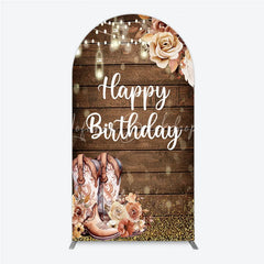 Lofaris Rustic Western Happy Birthday round top arch backdrop with Cowboy Boots and String Lights for Party Decor